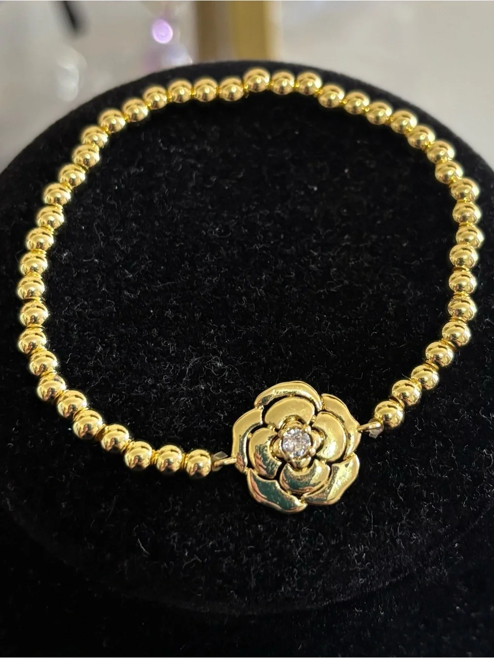 Gold Beaded Flower Bracelet with Center Crystal